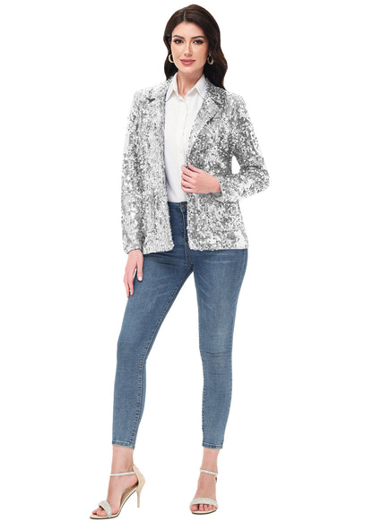 Chaqueta de lentejuelas para mujer de Anna-Kaci, chaqueta de fiesta con mangas largas y abertura frontal y brillo brillante
