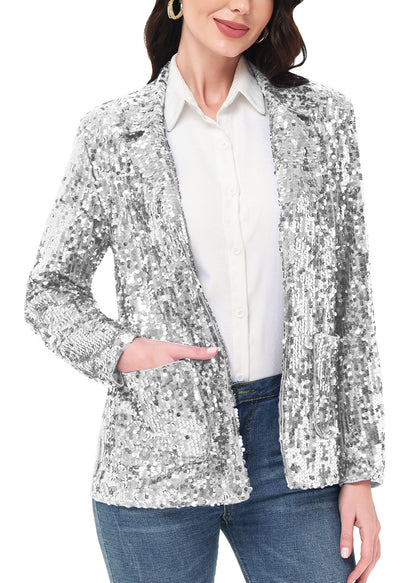 Chaqueta de lentejuelas para mujer de Anna-Kaci, chaqueta de fiesta con mangas largas y abertura frontal y brillo brillante