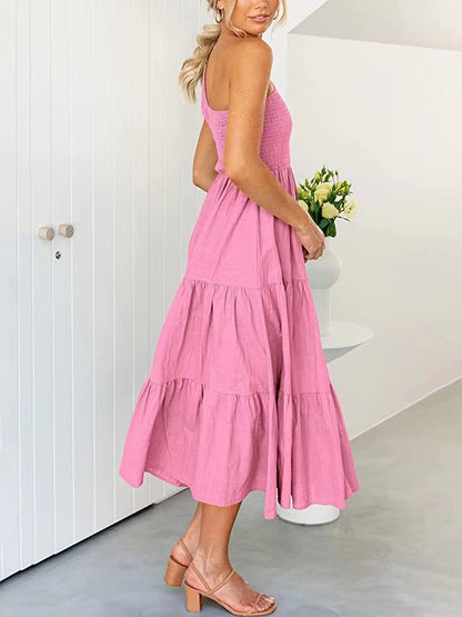 Vestido largo de verano para mujer de Anna-Kaci, estilo bohemio, con un hombro al descubierto, sin mangas, fruncido, holgado, con capas, para fiesta en la playa 