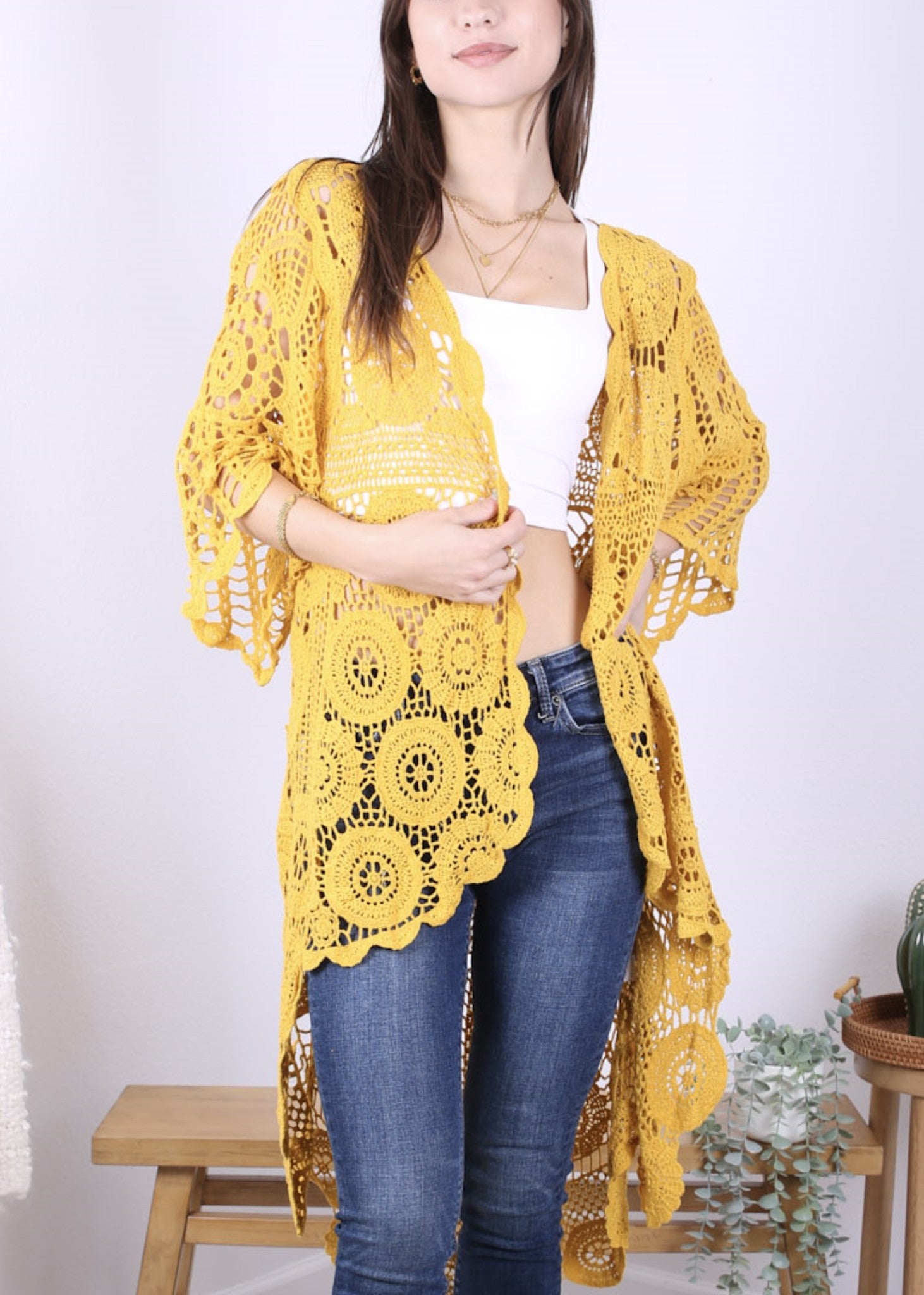 Traje de baño tipo kimono de crochet estilo boho 
