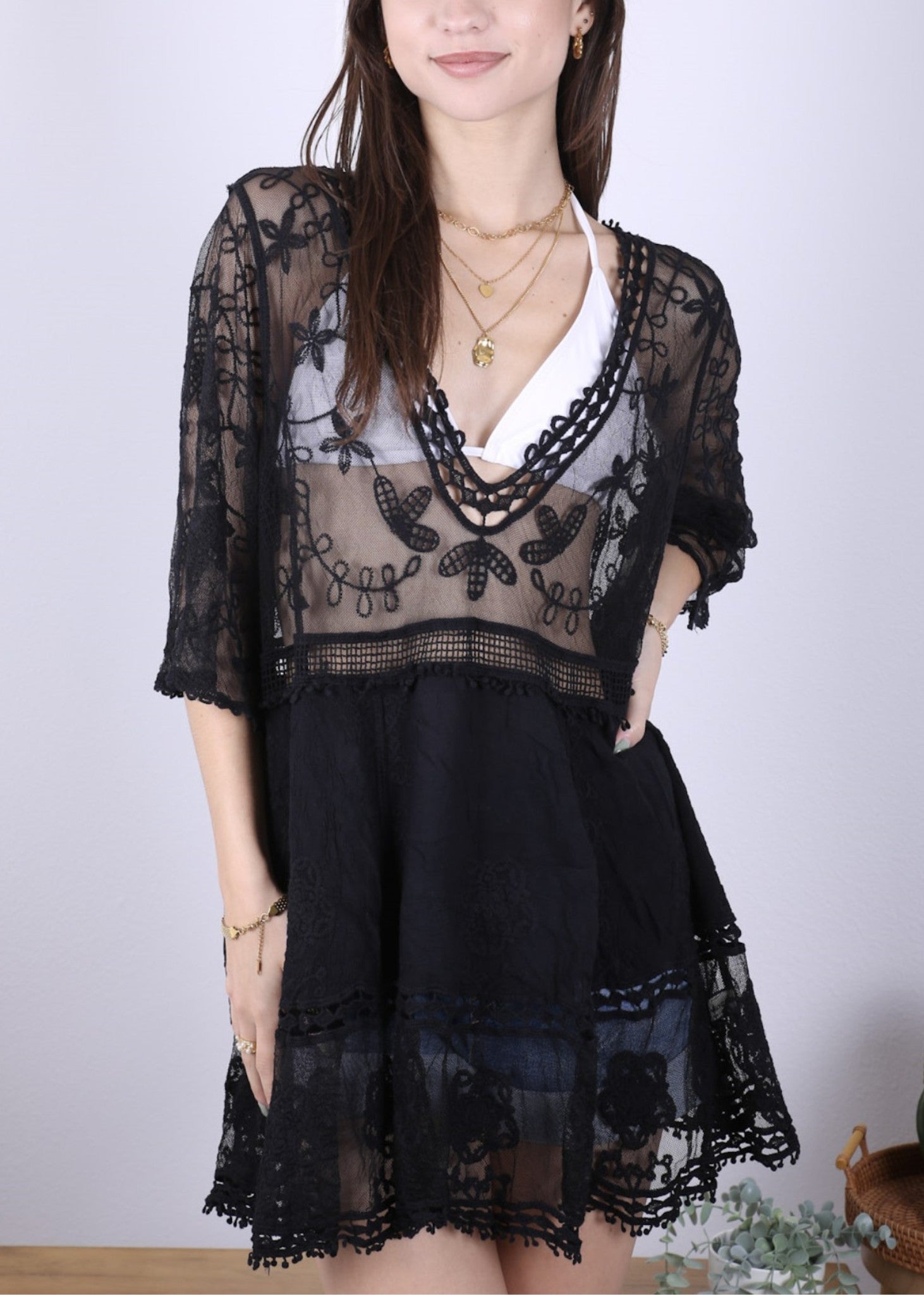 Contrast Embroidered Lace V Neck Bikini Cover Up Beach Mini Dress with Half Sleeve