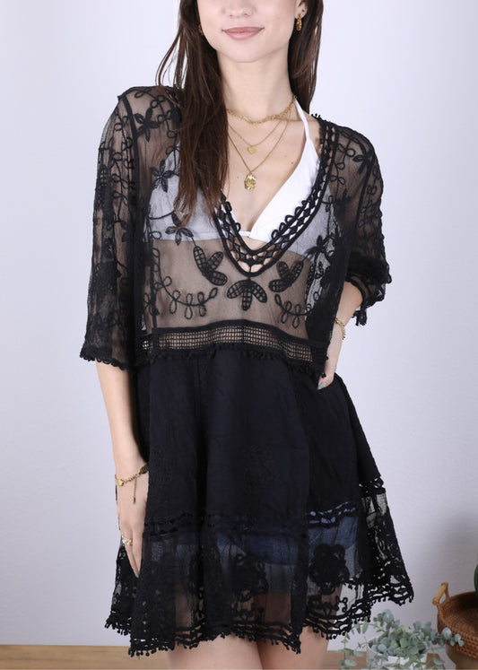 Contrast Embroidered Lace V Neck Bikini Cover Up Beach Mini Dress with Half Sleeve