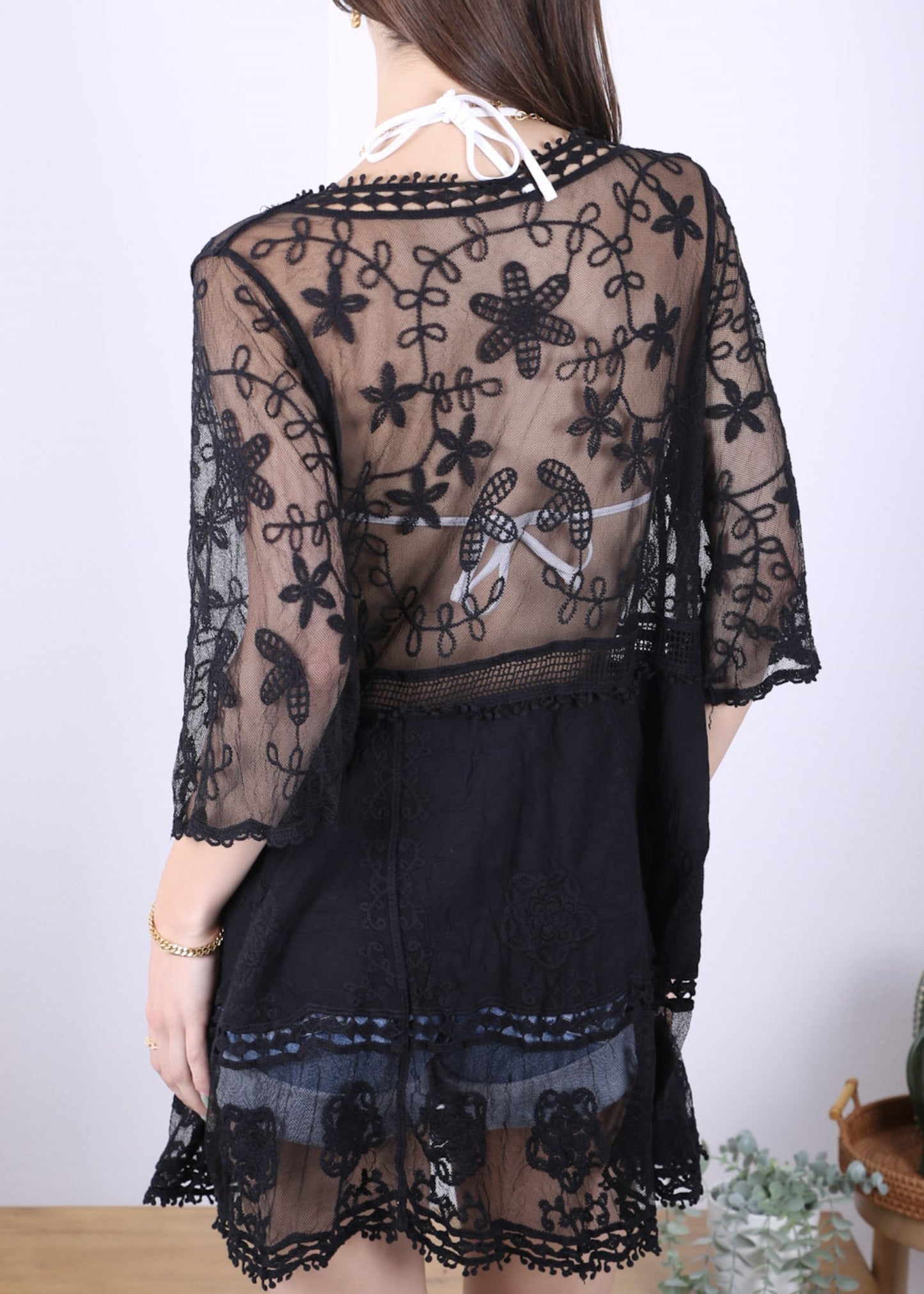 Contrast Embroidered Lace V Neck Bikini Cover Up Beach Mini Dress with Half Sleeve