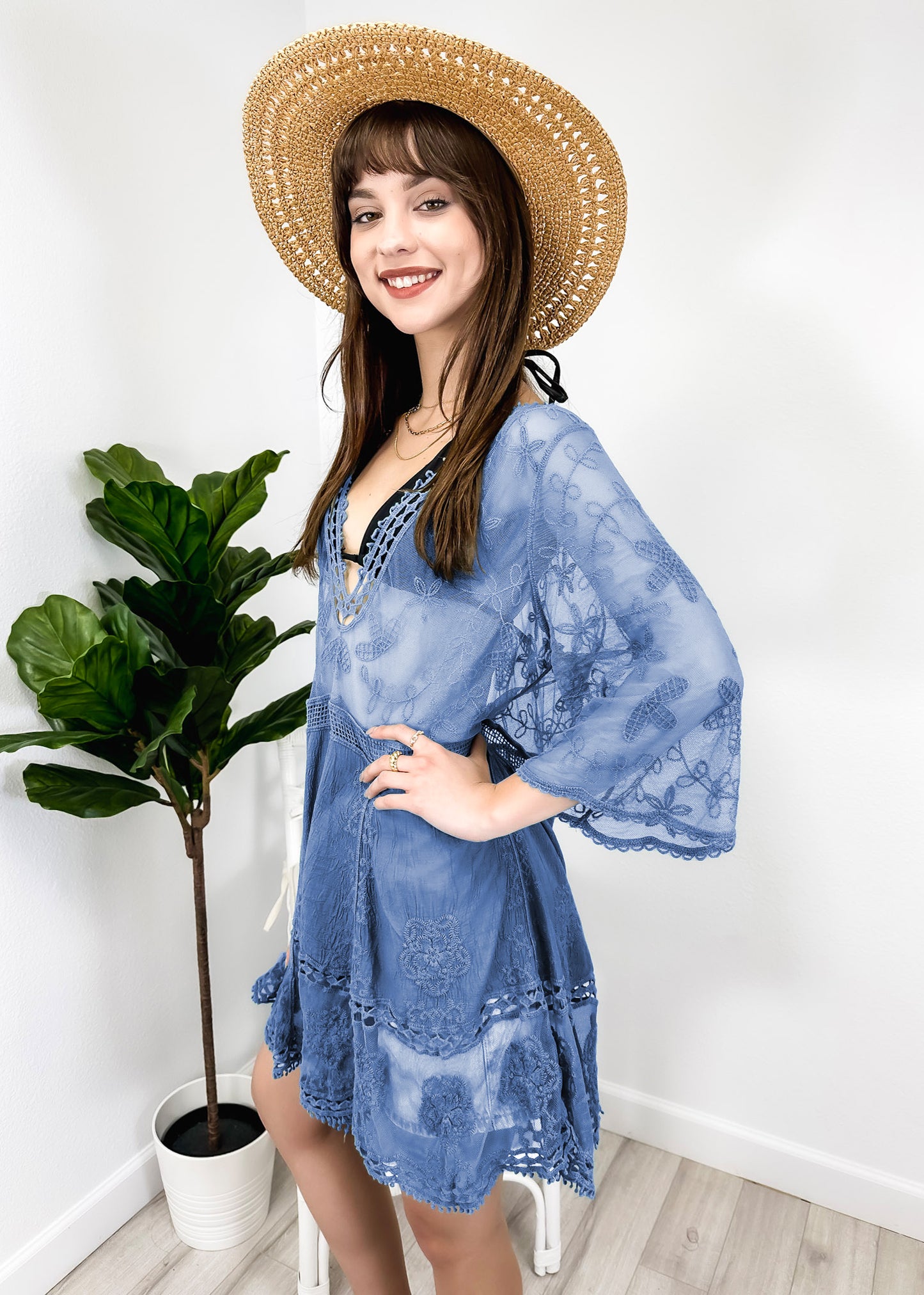 Contrast Embroidered Lace V Neck Bikini Cover Up Beach Mini Dress with Half Sleeve