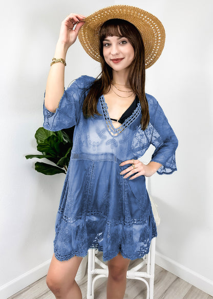 Contrast Embroidered Lace V Neck Bikini Cover Up Beach Mini Dress with Half Sleeve