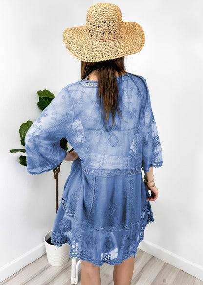 Contrast Embroidered Lace V Neck Bikini Cover Up Beach Mini Dress with Half Sleeve