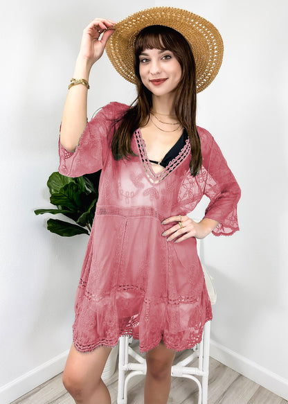 Contrast Embroidered Lace V Neck Bikini Cover Up Beach Mini Dress with Half Sleeve