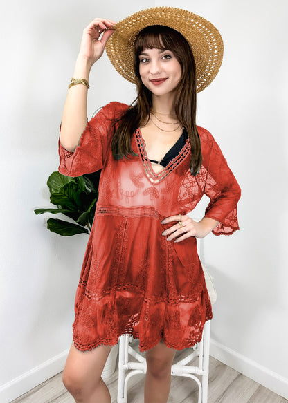 Contrast Embroidered Lace V Neck Bikini Cover Up Beach Mini Dress with Half Sleeve