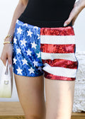 Pantalones cortos de tiro medio con lentejuelas brillantes y rayas con la bandera de EE. UU. del 4 de julio para mujer de Anna-Kaci