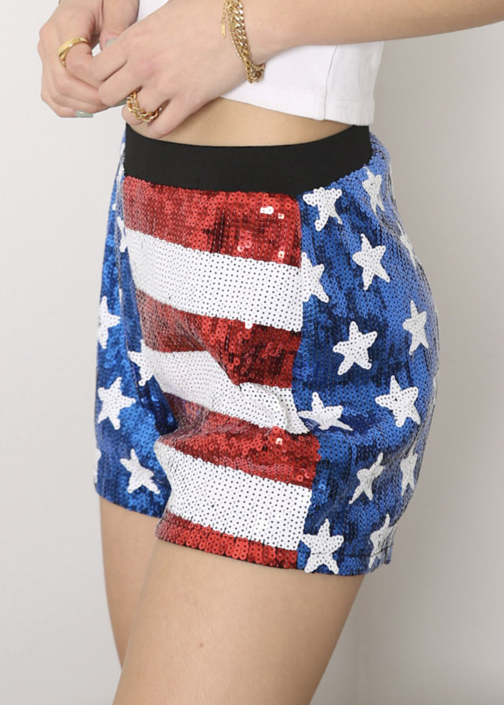 Pantalones cortos de tiro medio con lentejuelas brillantes y rayas con la bandera de EE. UU. del 4 de julio para mujer de Anna-Kaci