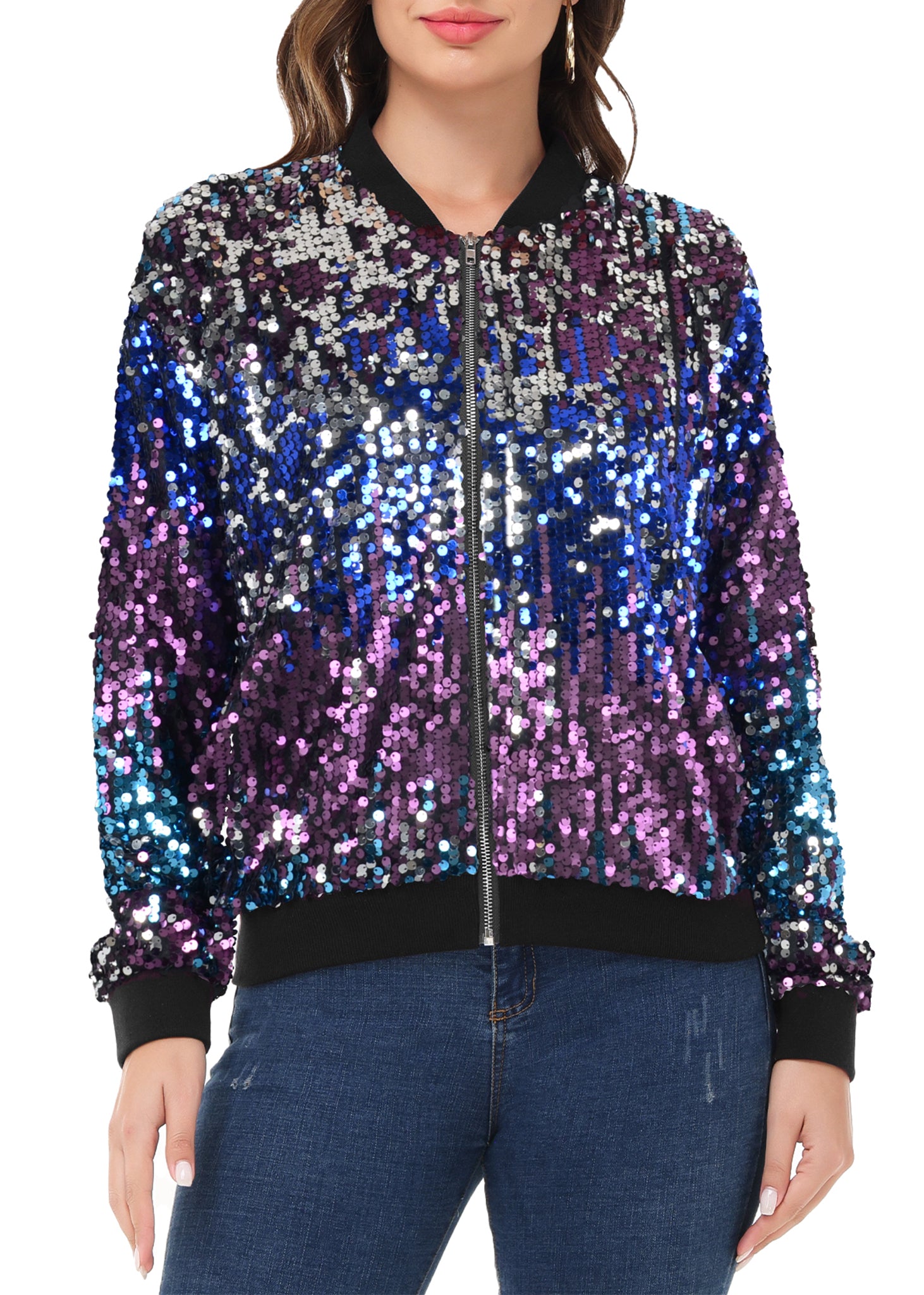 Chaqueta de lentejuelas para mujer Anna-Kaci, chaqueta bomber informal con cremallera frontal y mangas largas brillantes y bolsillos