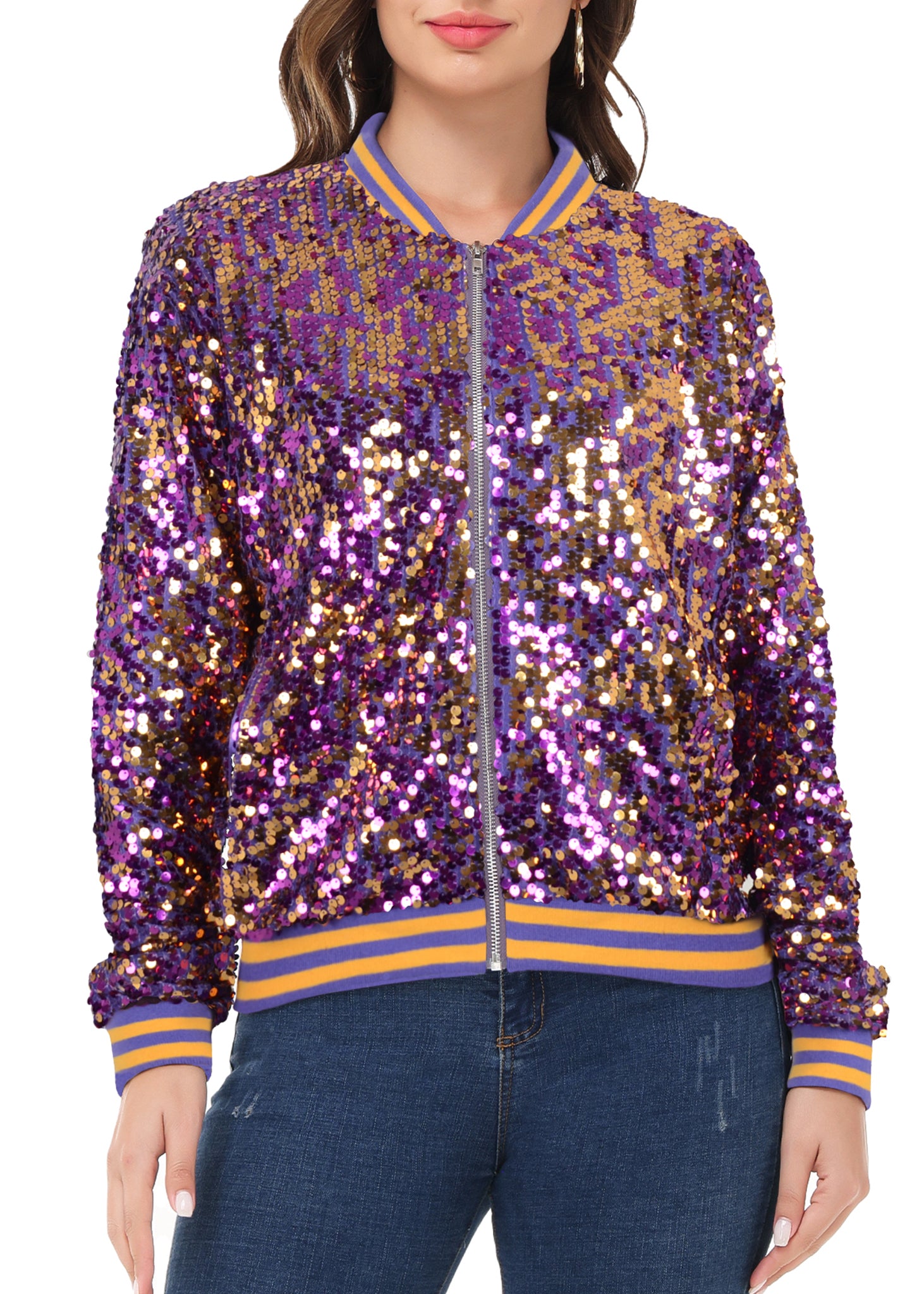 Chaqueta de lentejuelas para mujer Anna-Kaci, chaqueta bomber informal con cremallera frontal y mangas largas brillantes y bolsillos