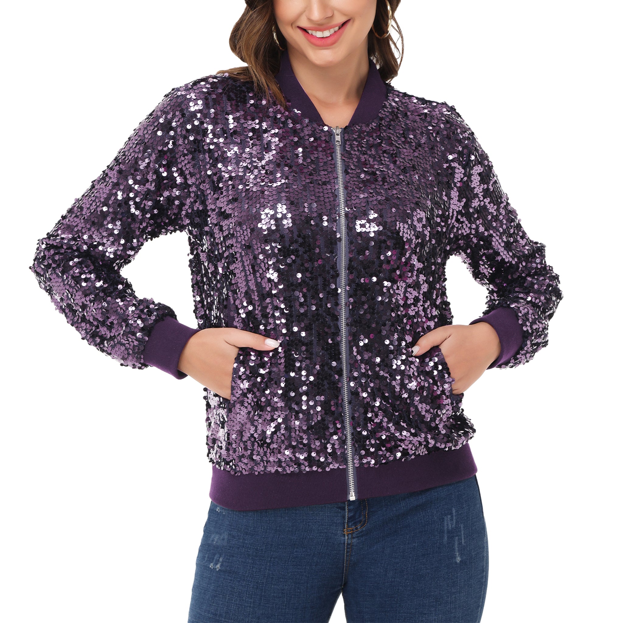 Chaqueta de lentejuelas para mujer Anna-Kaci, chaqueta bomber informal con cremallera frontal y mangas largas brillantes y bolsillos