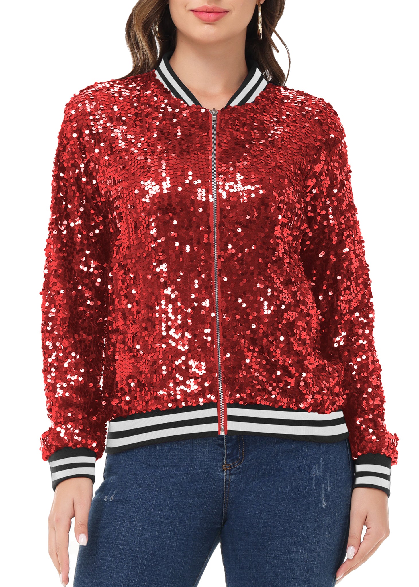 Chaqueta de lentejuelas para mujer Anna-Kaci, chaqueta bomber informal con cremallera frontal y mangas largas brillantes y bolsillos