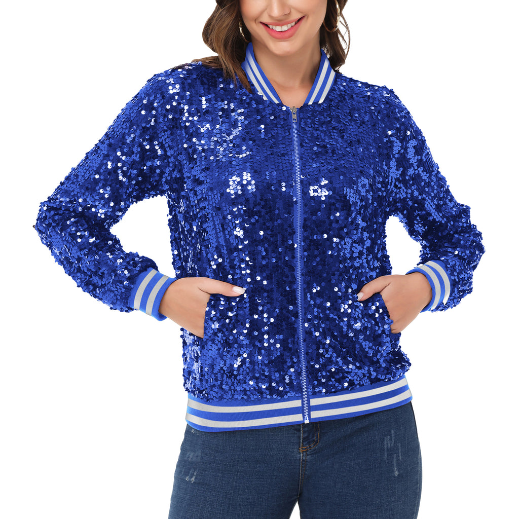 Sequin Jacket Sparkle Long Sleeve Front Zip Blazer Bomber Jacket with Pockets