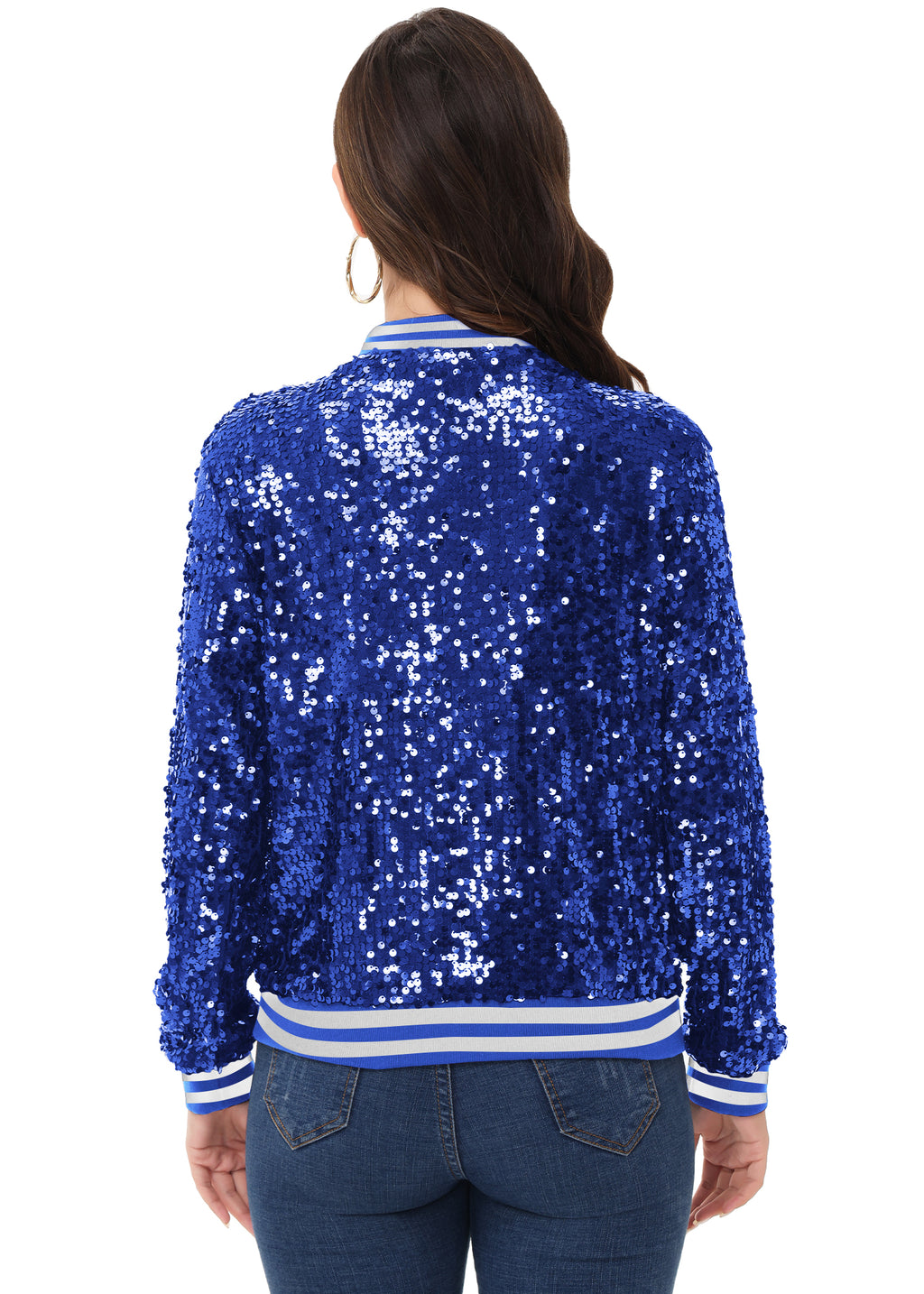 Sequin Jacket Sparkle Long Sleeve Front Zip Blazer Bomber Jacket with Pockets