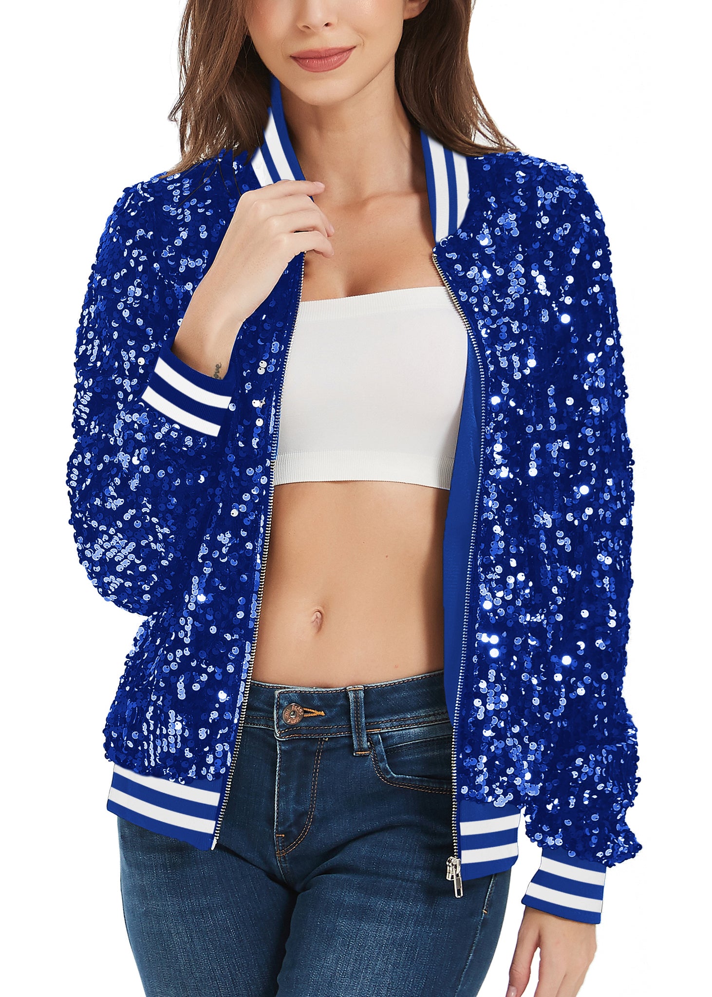 Sequin Jacket Sparkle Long Sleeve Front Zip Blazer Bomber Jacket with Pockets