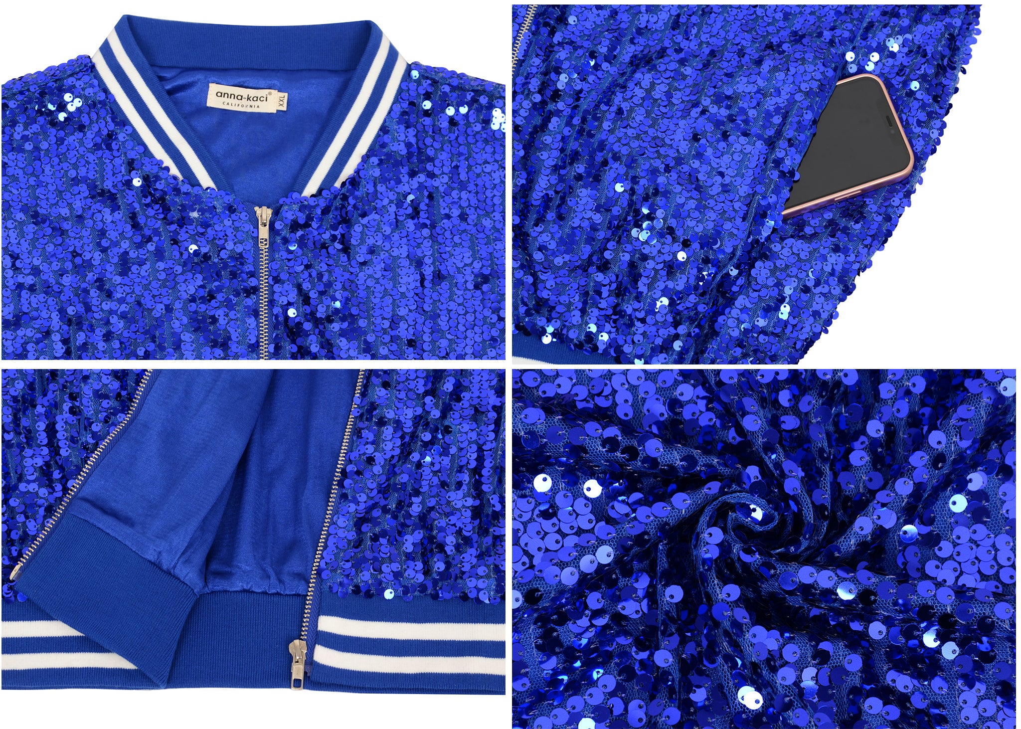 Sequin Jacket Sparkle Long Sleeve Front Zip Blazer Bomber Jacket with Pockets