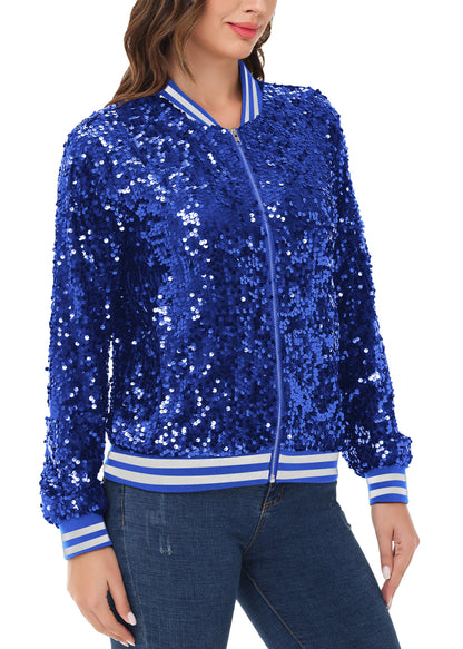 Sequin Jacket Sparkle Long Sleeve Front Zip Blazer Bomber Jacket with Pockets