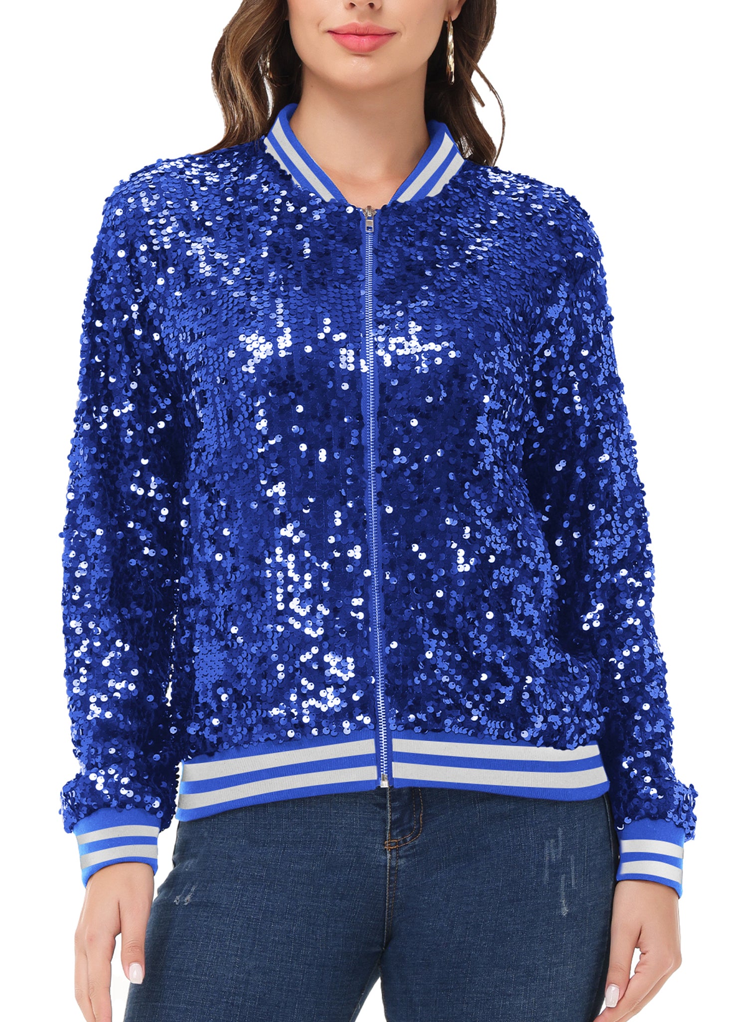 Chaqueta de lentejuelas para mujer Anna-Kaci, chaqueta bomber informal con cremallera frontal y mangas largas brillantes y bolsillos