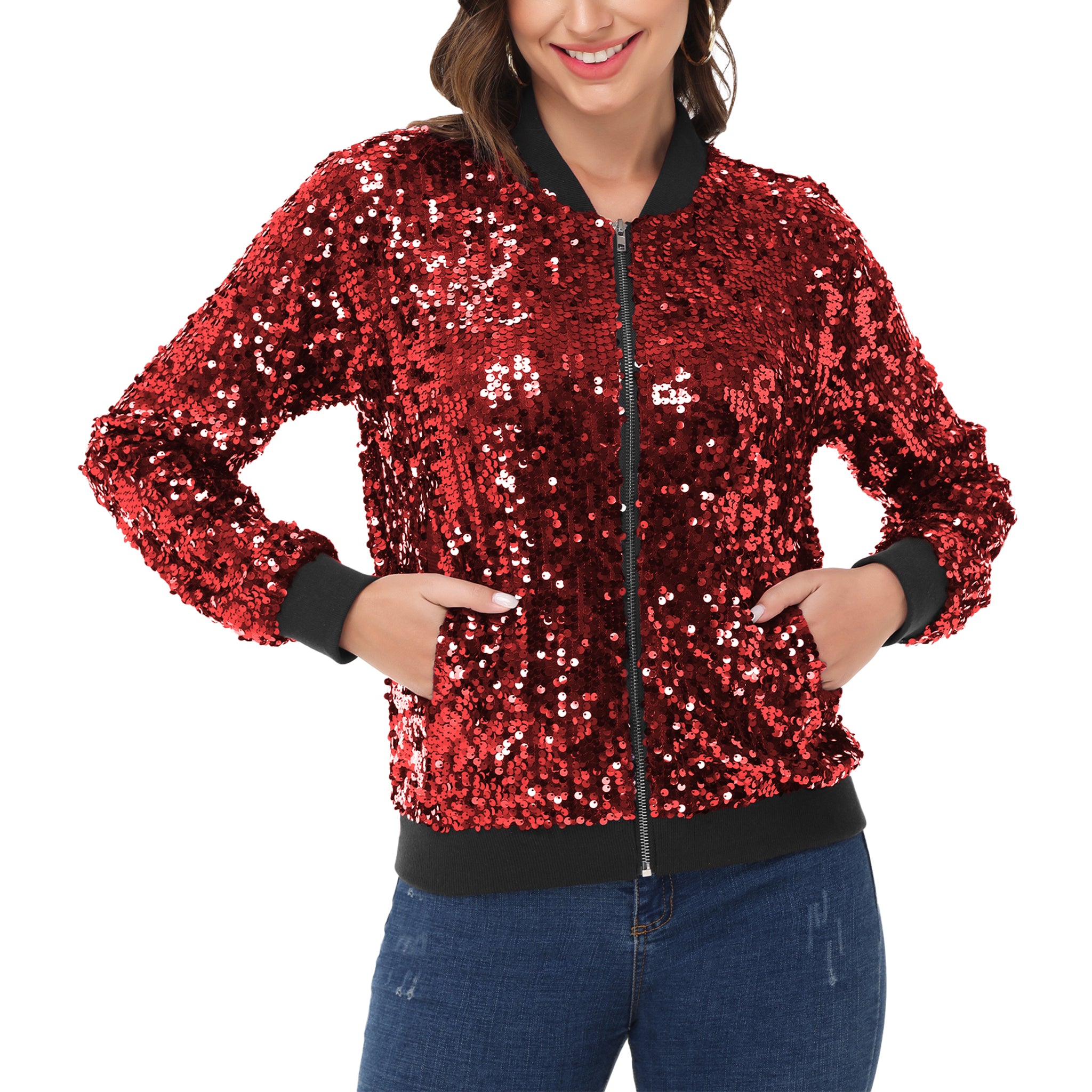 Chaqueta de lentejuelas para mujer Anna-Kaci, chaqueta bomber informal con cremallera frontal y mangas largas brillantes y bolsillos