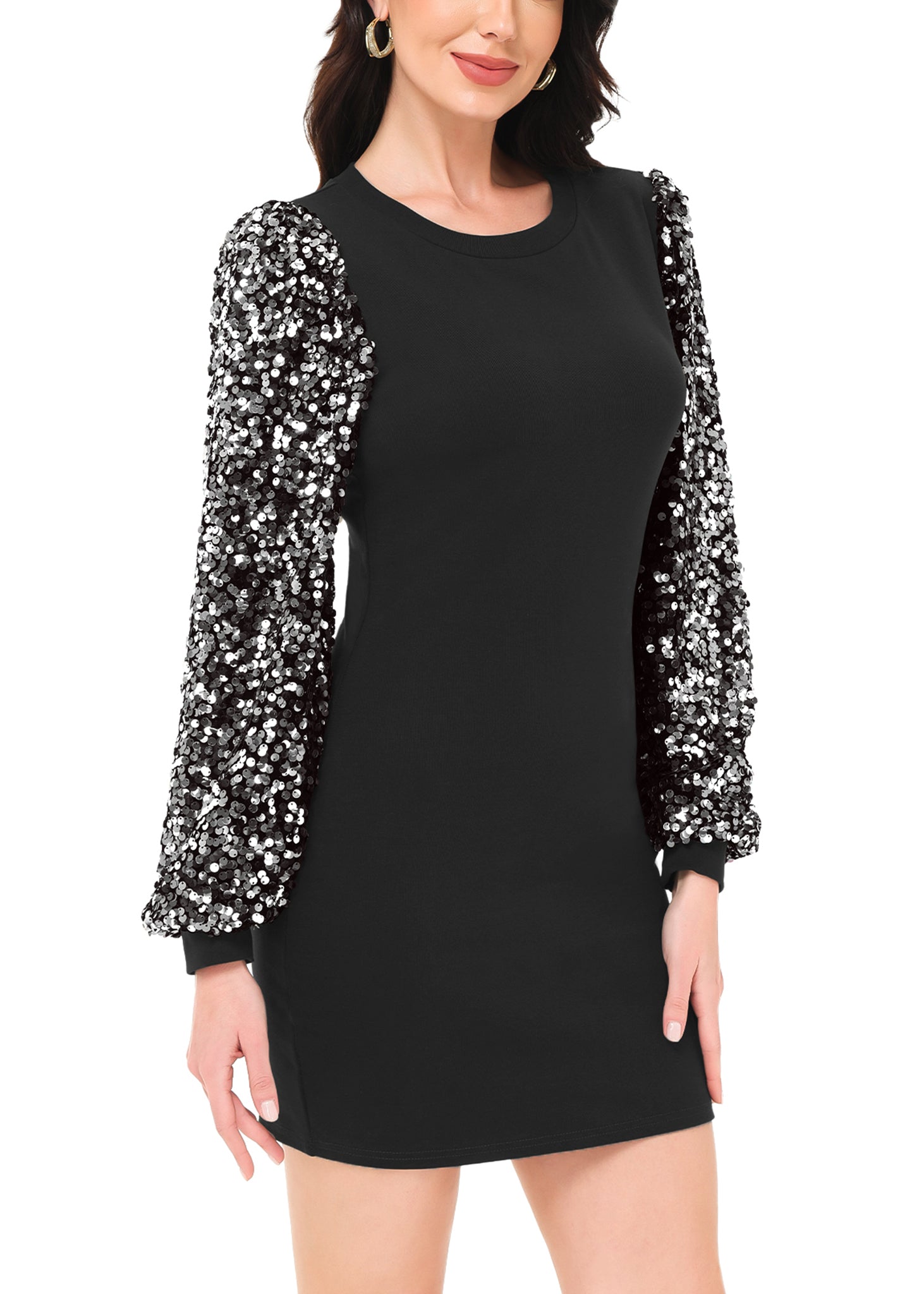 Anna-Kaci Women's Confetti Sequin Balloon Long Sleeve Round Neck Pullover Dress