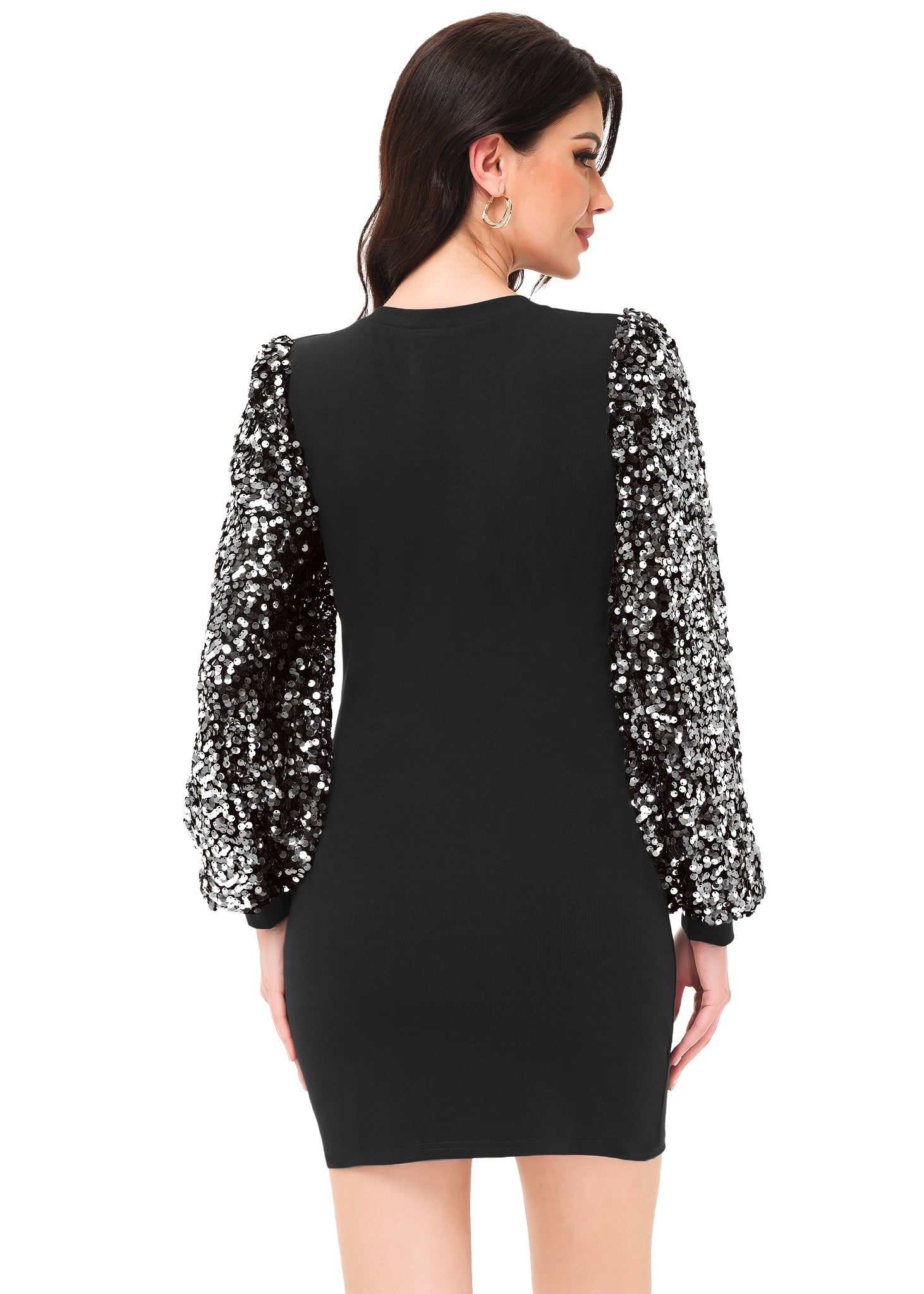 Anna-Kaci Women's Confetti Sequin Balloon Long Sleeve Round Neck Pullover Dress