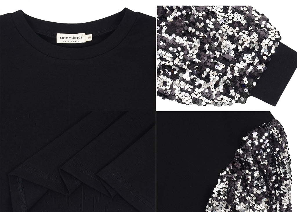 Anna-Kaci Women's Confetti Sequin Balloon Long Sleeve Round Neck Pullover Dress