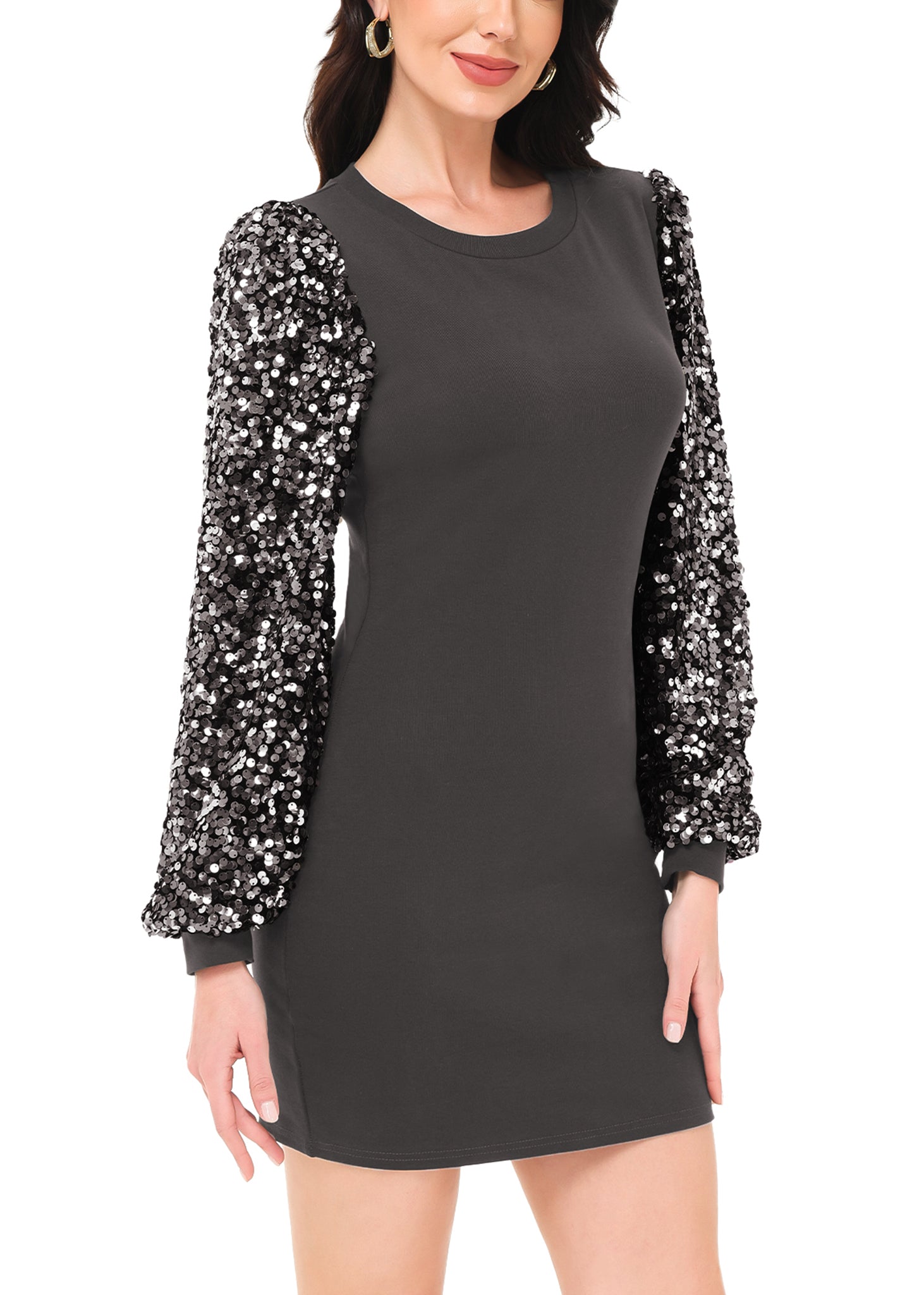 Anna-Kaci Women's Confetti Sequin Balloon Long Sleeve Round Neck Pullover Dress