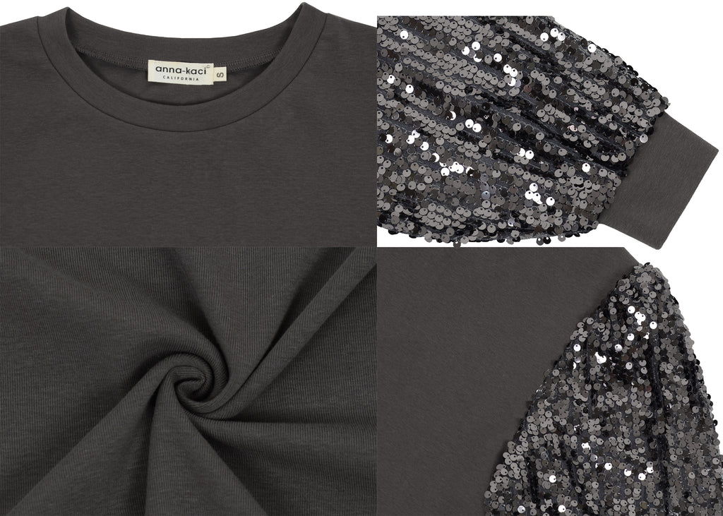 Anna-Kaci Women's Confetti Sequin Balloon Long Sleeve Round Neck Pullover Dress