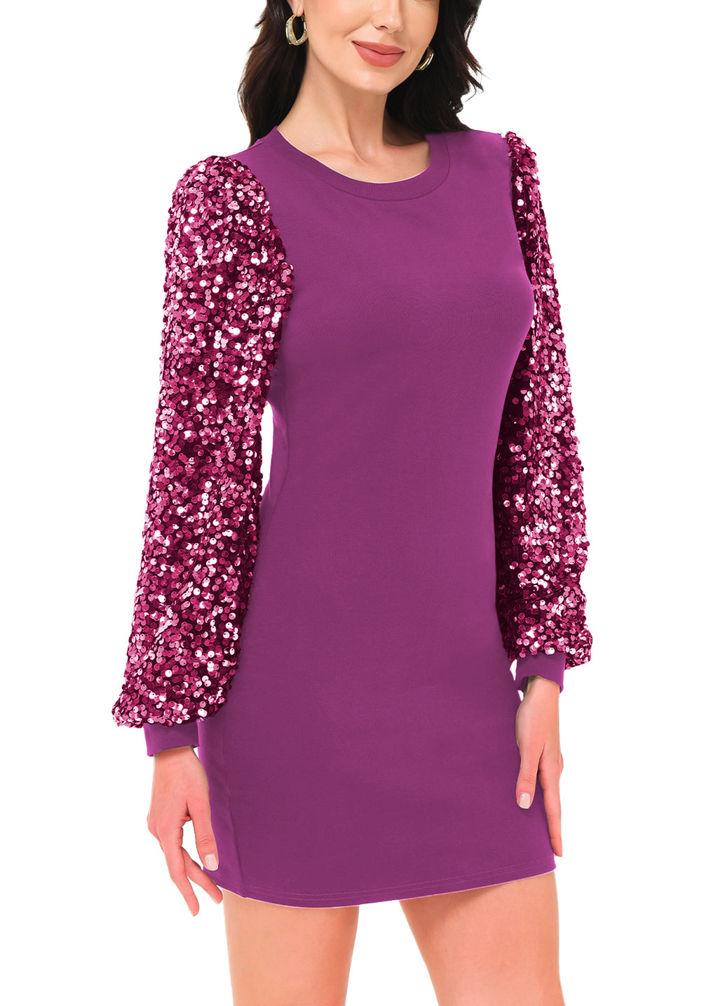 Anna-Kaci Women's Confetti Sequin Balloon Long Sleeve Round Neck Pullover Dress