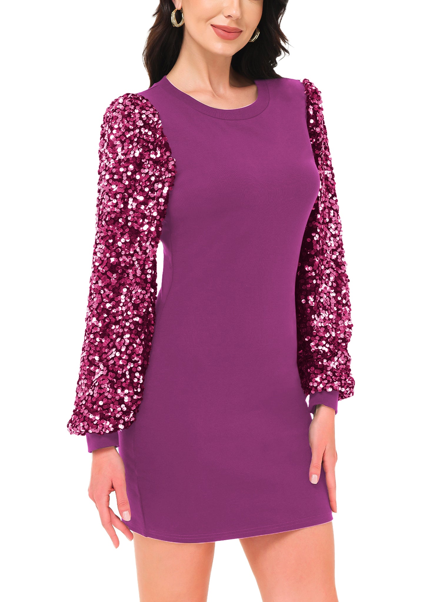 Anna-Kaci Women's Confetti Sequin Balloon Long Sleeve Round Neck Pullover Dress