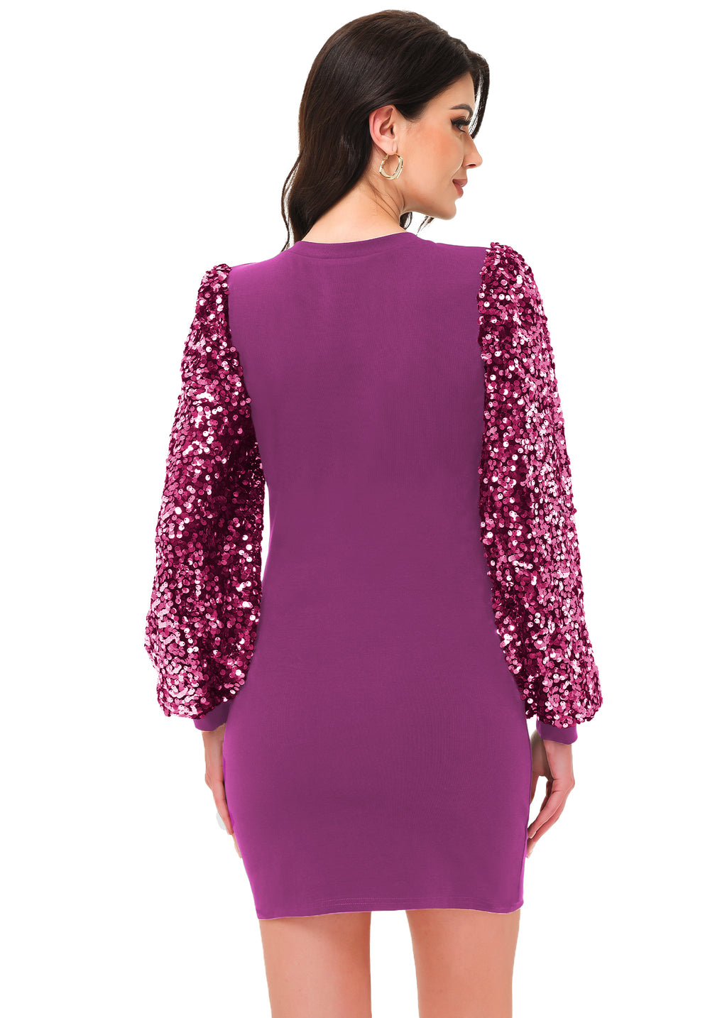 Anna-Kaci Women's Confetti Sequin Balloon Long Sleeve Round Neck Pullover Dress