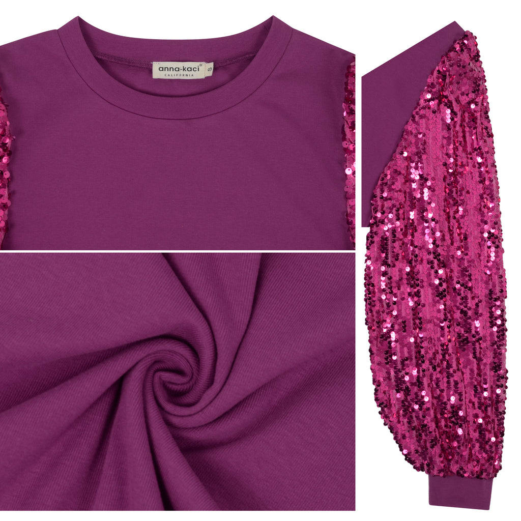 Anna-Kaci Women's Confetti Sequin Balloon Long Sleeve Round Neck Pullover Dress