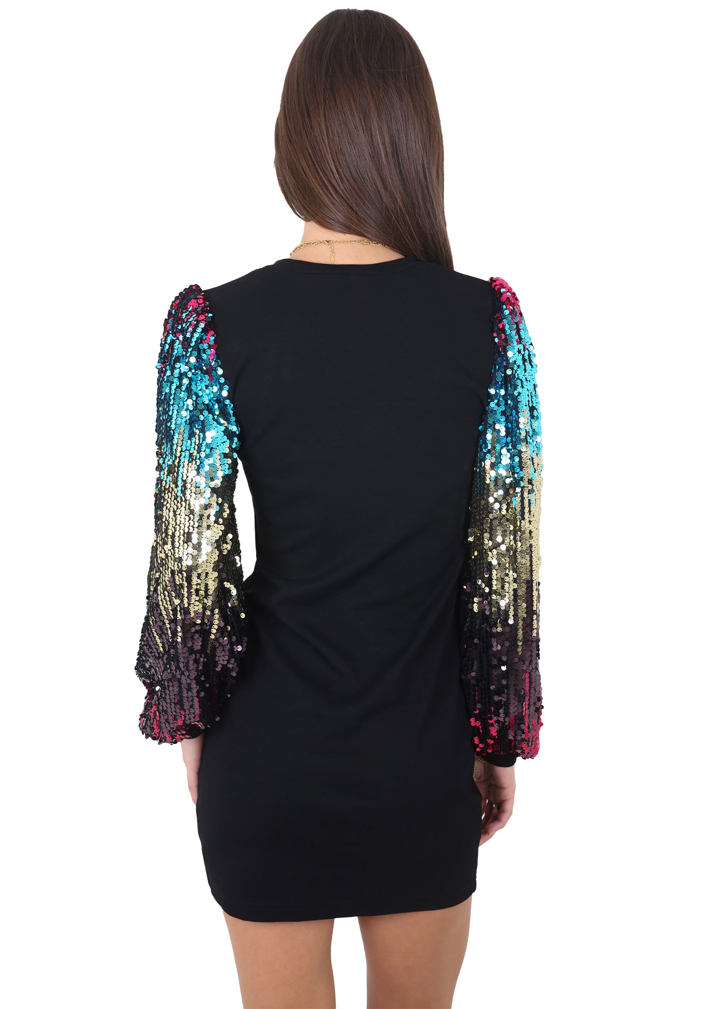 Anna-Kaci Women's Confetti Sequin Balloon Long Sleeve Round Neck Pullover Dress