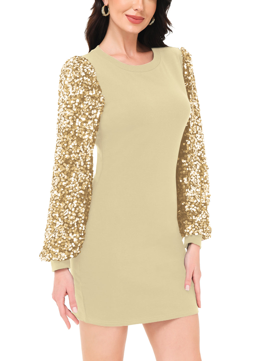 Anna-Kaci Women's Confetti Sequin Balloon Long Sleeve Round Neck Pullover Dress