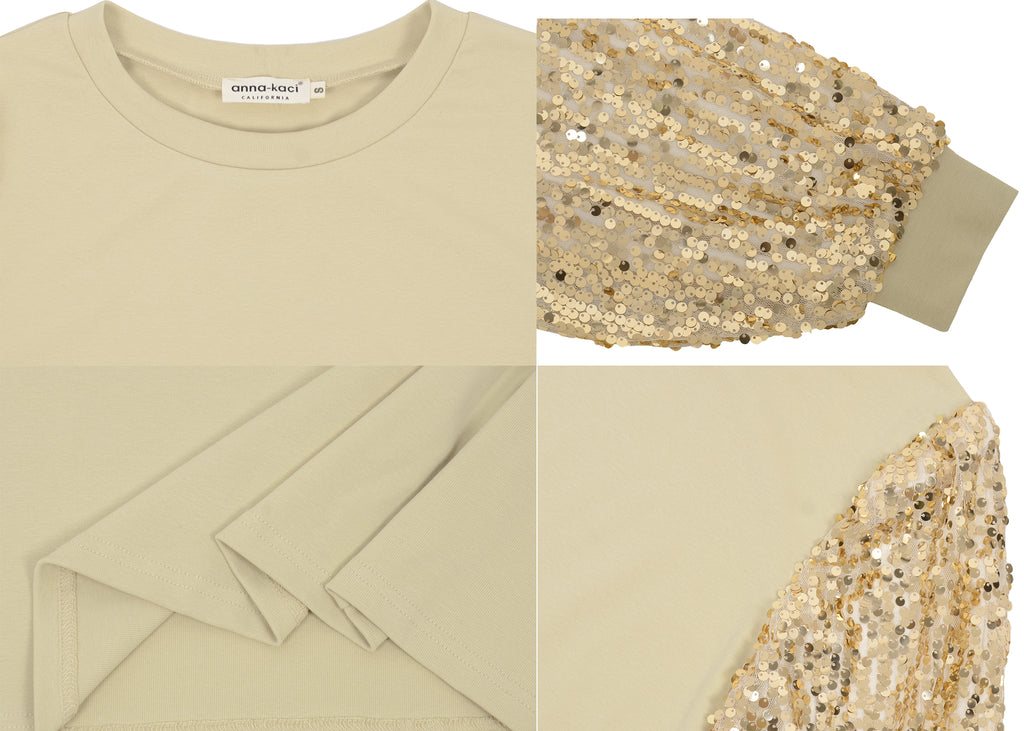 Anna-Kaci Women's Confetti Sequin Balloon Long Sleeve Round Neck Pullover Dress