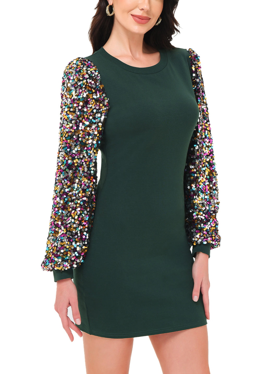 Anna-Kaci Women's Confetti Sequin Balloon Long Sleeve Round Neck Pullover Dress