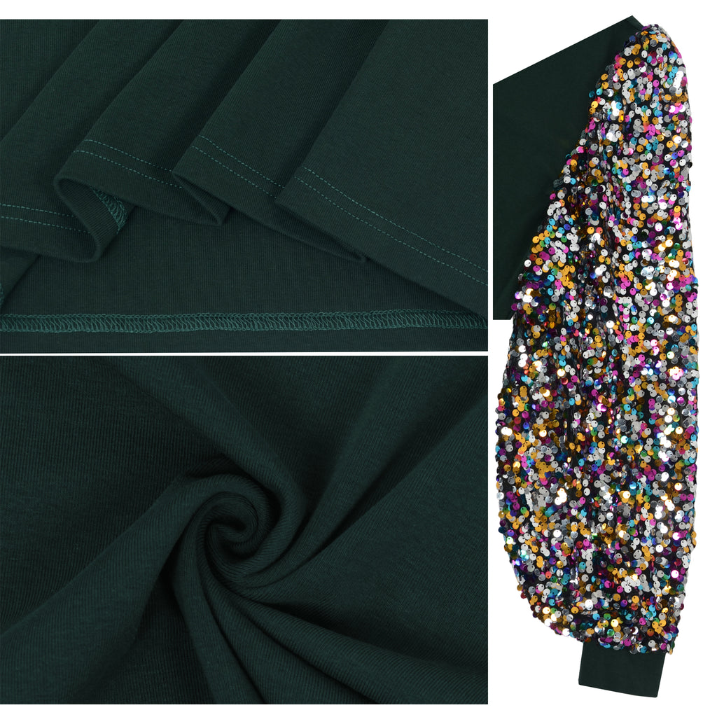 Anna-Kaci Women's Confetti Sequin Balloon Long Sleeve Round Neck Pullover Dress