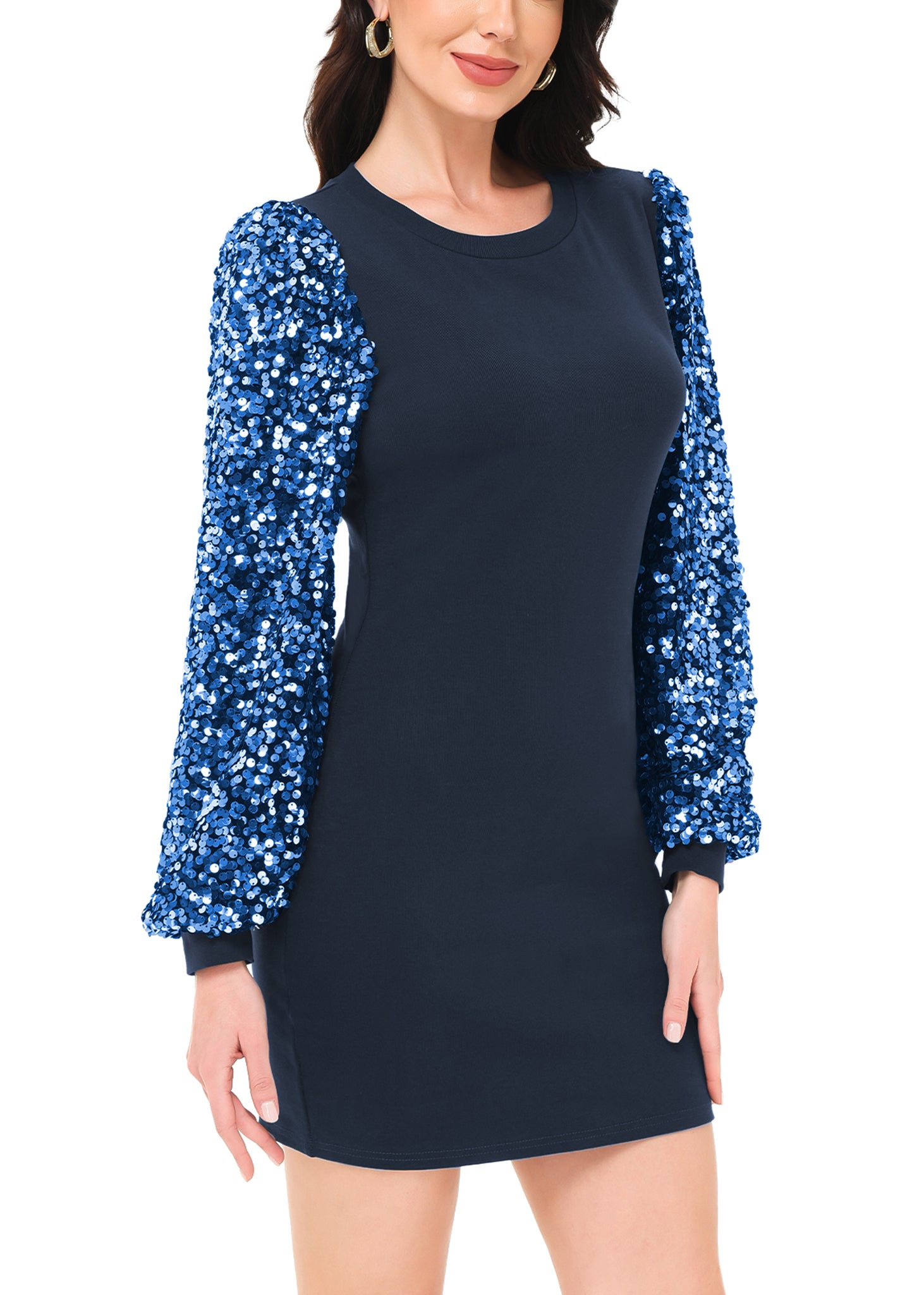 Anna-Kaci Women's Confetti Sequin Balloon Long Sleeve Round Neck Pullover Dress