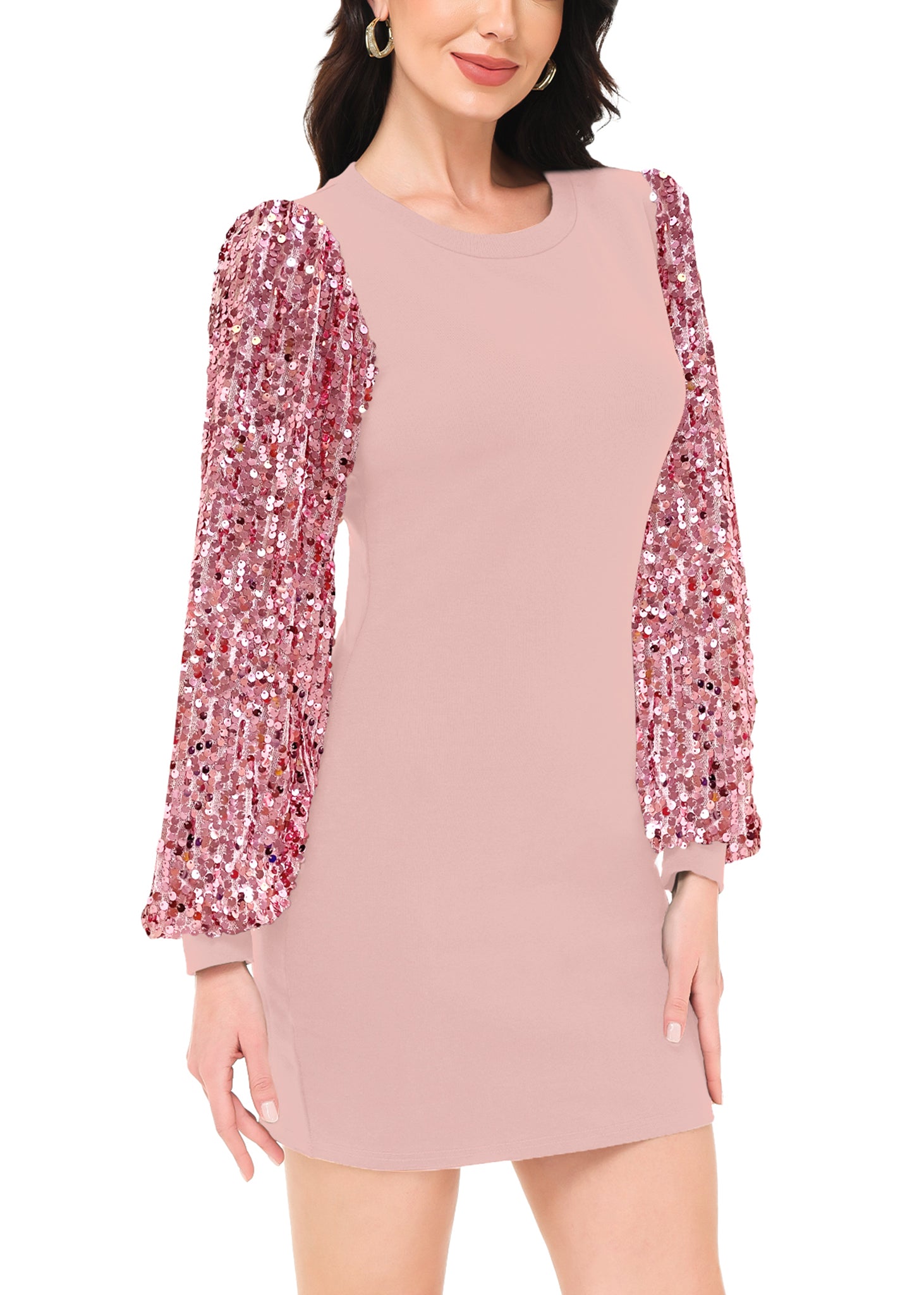 Anna-Kaci Women's Confetti Sequin Balloon Long Sleeve Round Neck Pullover Dress