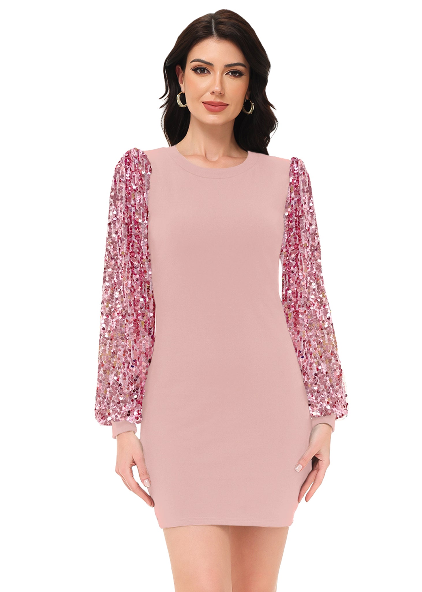 Anna-Kaci Women's Confetti Sequin Balloon Long Sleeve Round Neck Pullover Dress