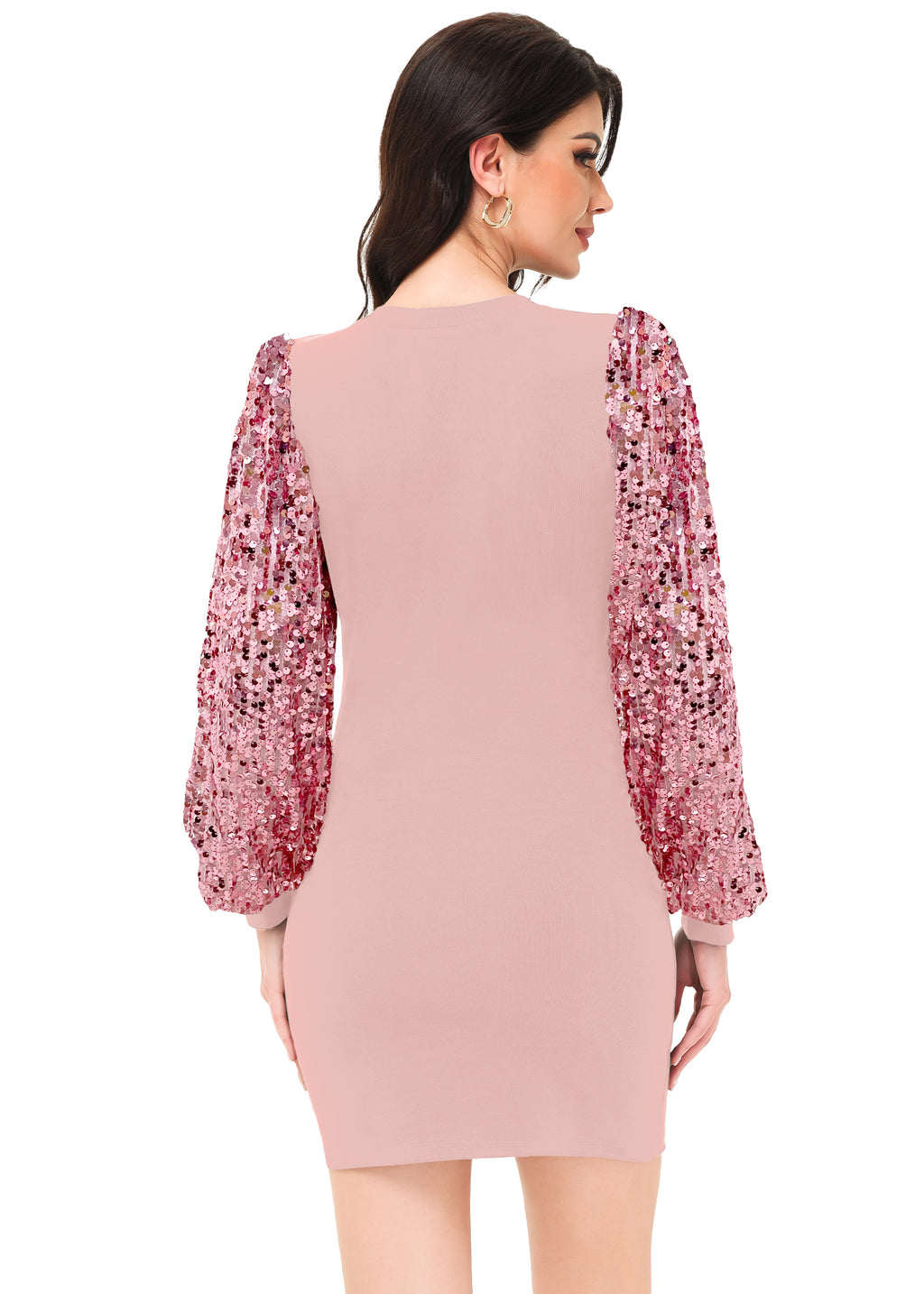 Anna-Kaci Women's Confetti Sequin Balloon Long Sleeve Round Neck Pullover Dress