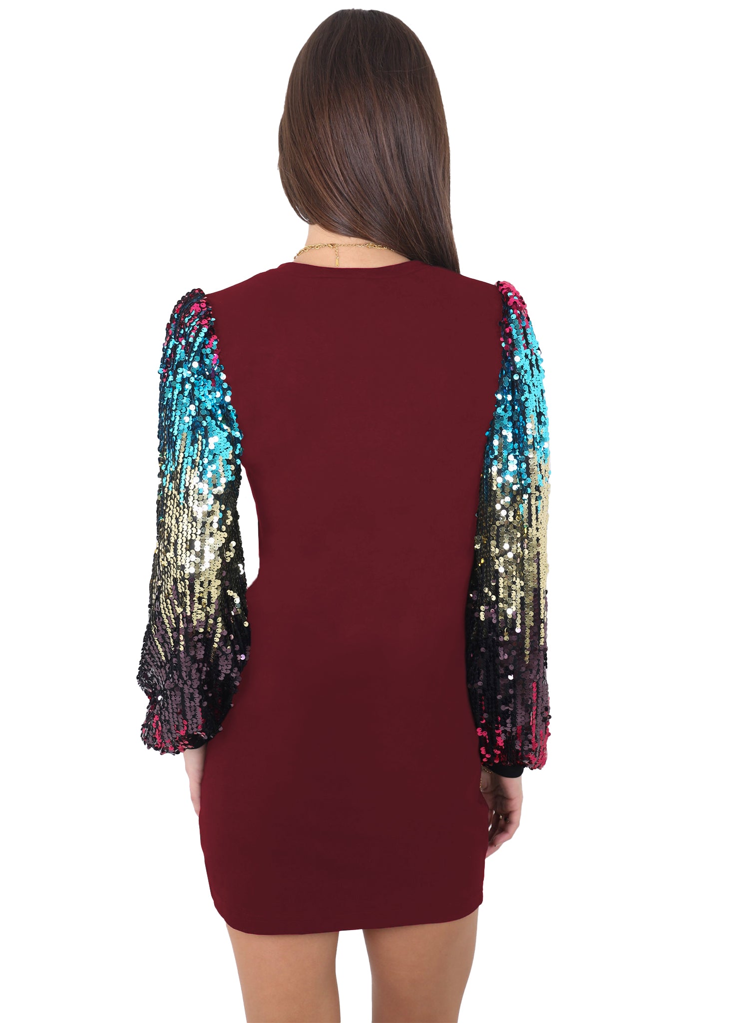 Anna-Kaci Women's Confetti Sequin Balloon Long Sleeve Round Neck Pullover Dress