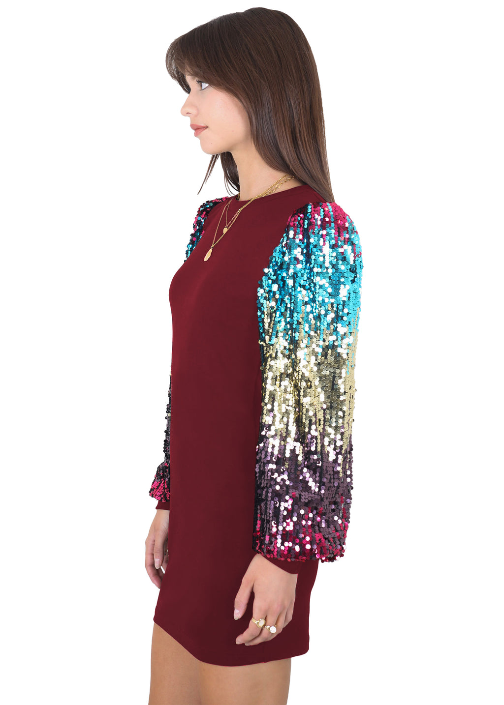 Anna-Kaci Women's Confetti Sequin Balloon Long Sleeve Round Neck Pullover Dress