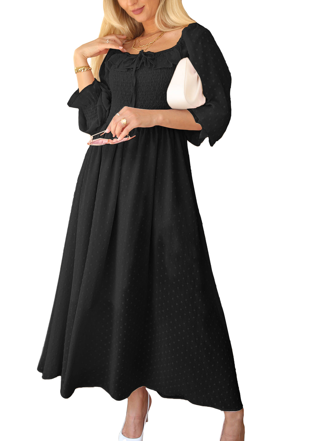 Vestido largo de manga larga con lunares suizos y forro para mujer de Anna-Kaci con detalle anudado y fruncido y escote cuadrado