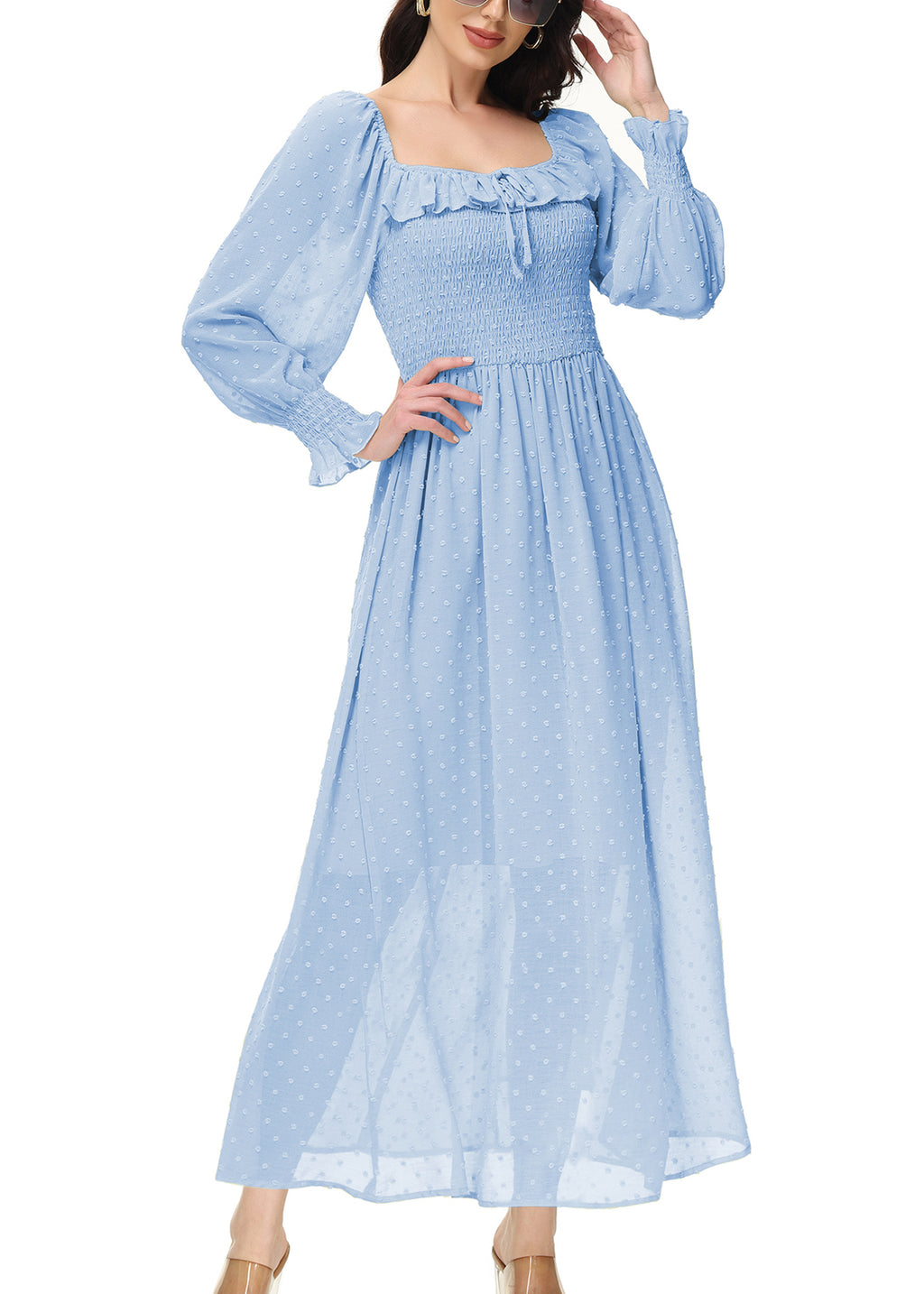 Vestido largo de manga larga con lunares suizos y forro para mujer de Anna-Kaci con detalle anudado y fruncido y escote cuadrado