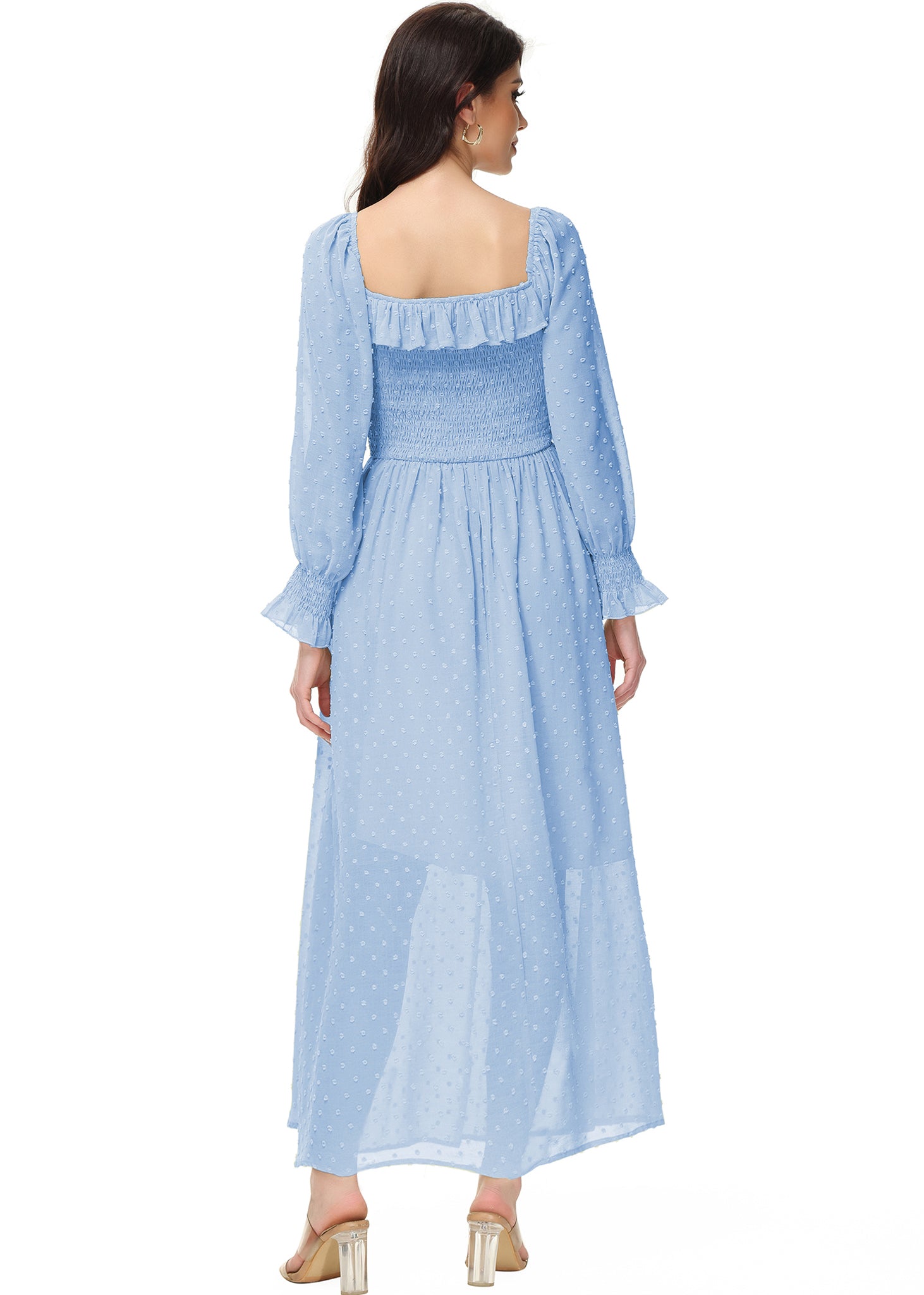 Vestido largo de manga larga con lunares suizos y forro para mujer de Anna-Kaci con detalle anudado y fruncido y escote cuadrado