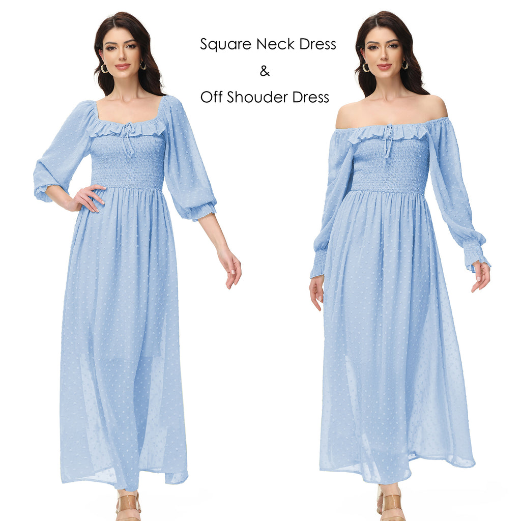 Vestido largo de manga larga con lunares suizos y forro para mujer de Anna-Kaci con detalle anudado y fruncido y escote cuadrado
