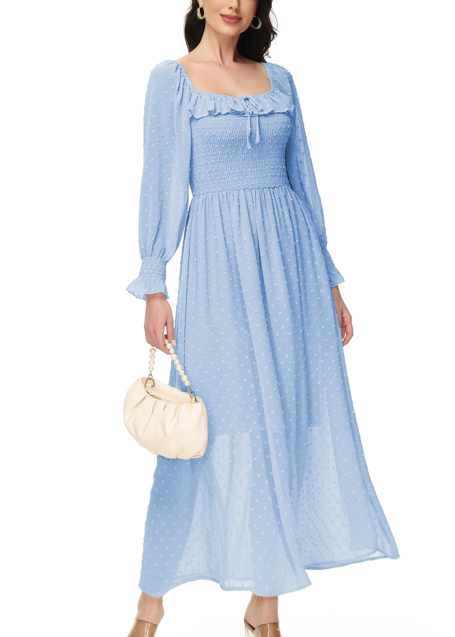 Vestido largo de manga larga con lunares suizos y forro para mujer de Anna-Kaci con detalle anudado y fruncido y escote cuadrado